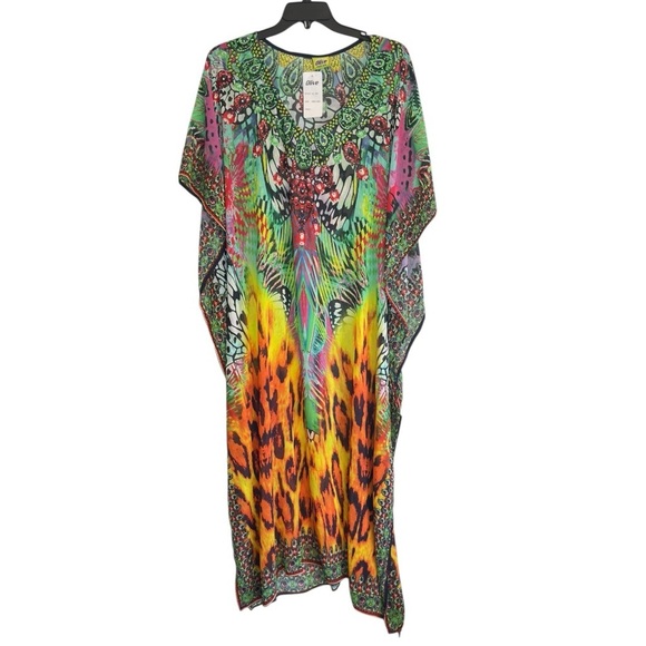 Vibrant Multicolor V-neck Kaftan Dress with rhinestones. One size. Sheer - Picture 1 of 10